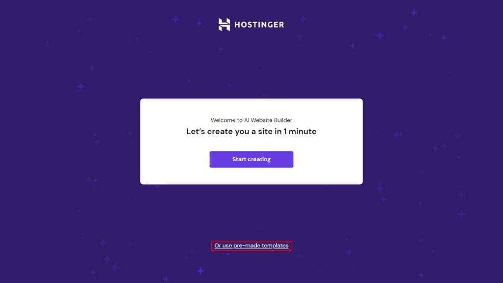 Hostinger Website Builder setup wizard with the Or use pre-made templates button highlighted
