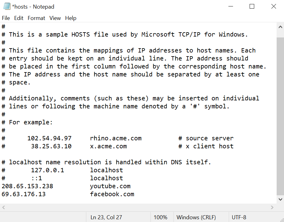 The contents of the hosts file.
