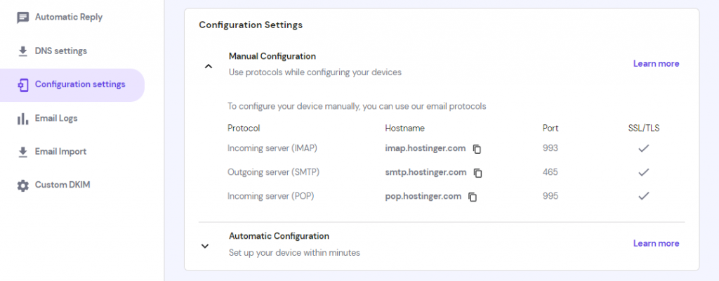 hPanel email manual configuration settings.