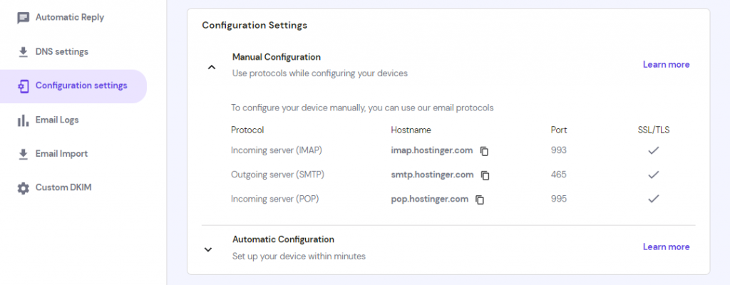 hPanel email manual configuration settings