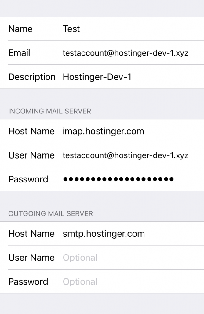 Screenshot from iPhone showing the email server information