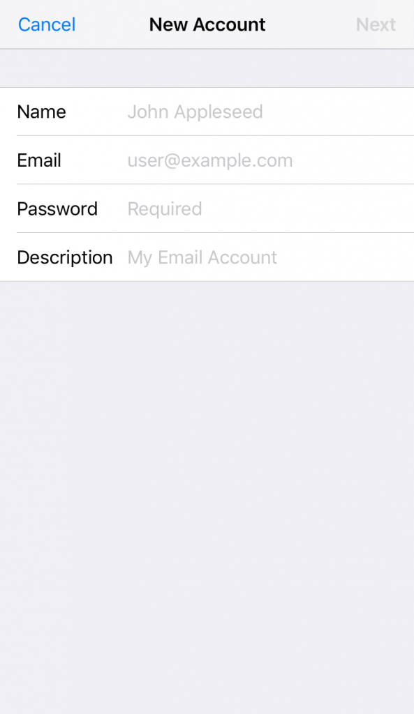 Screenshot from iPhone settings showing where to add the information of an email account