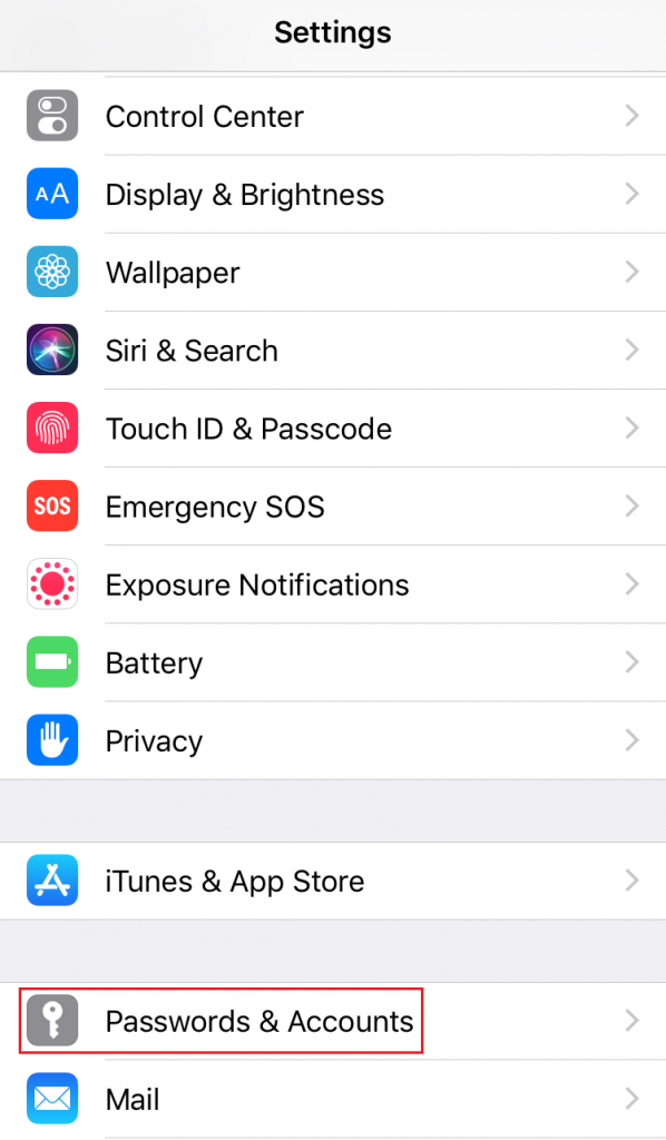 Screenshot from iPhone settings showing where to find Passwords and Accounts