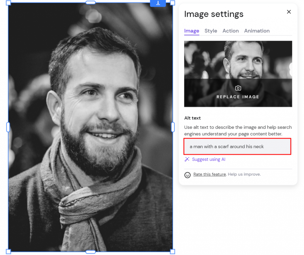 The Image settings window on Hostinger Website Builder highlighting the alt text field