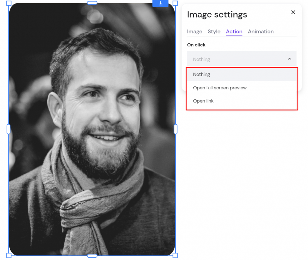 The Image settings window on Hostinger Website Builder highlighting the animation effects