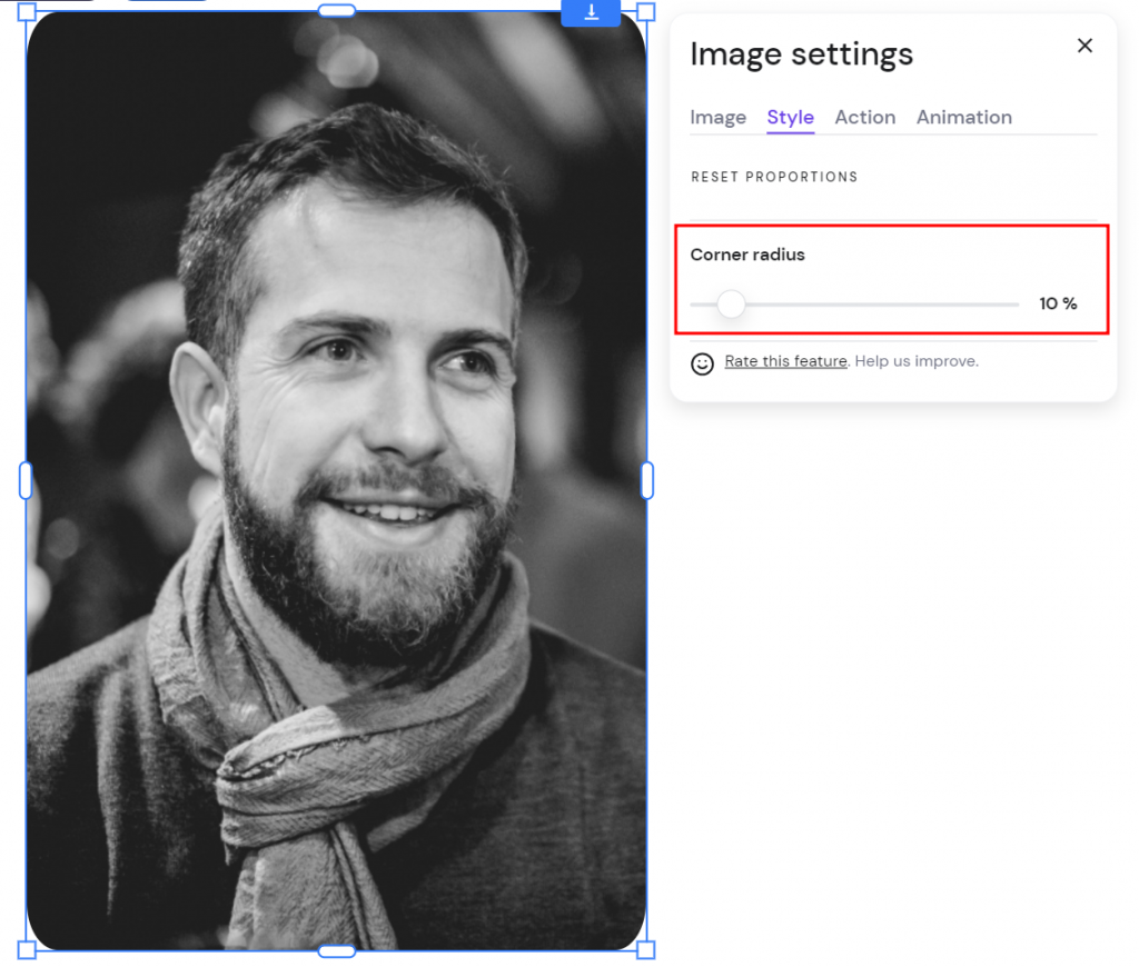 The Image settings window on Hostinger Website Builder with the Corner radius section highlighted