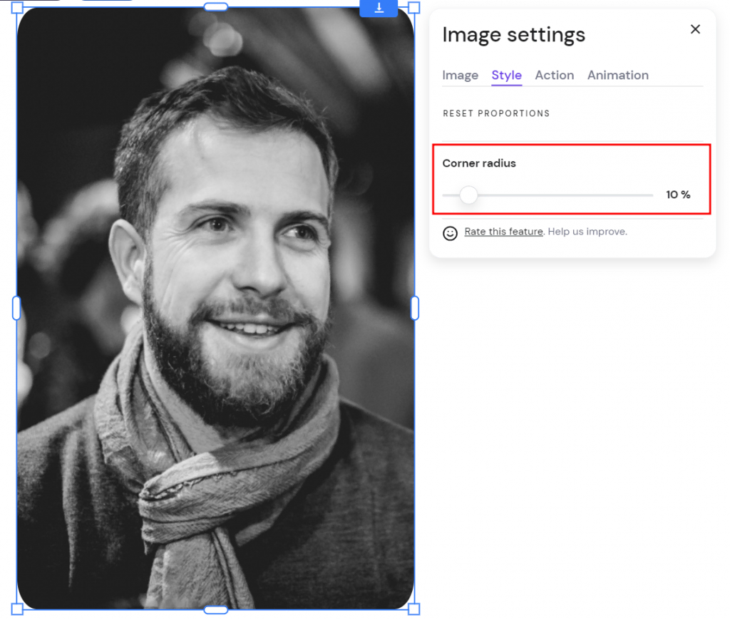 The Image settings window on Hostinger Website Builder with the Corner radius section highlighted
