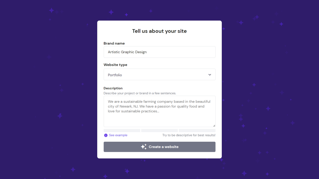 Hostinger Website Builder setup wizard showing the AI tool for creating a website
