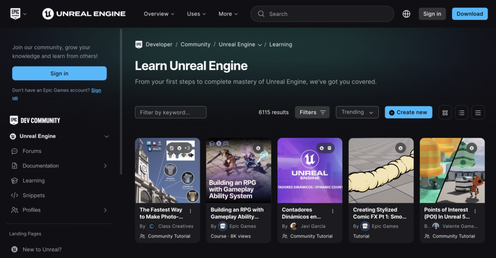 The Unreal Online Learning page on the Unreal Engine website