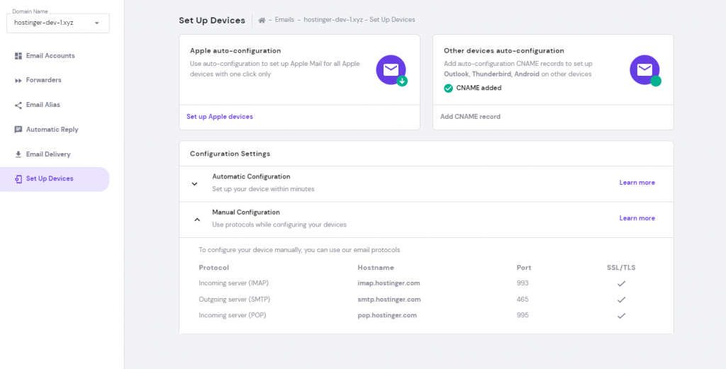 Screenshot from hPanel dashboard showing where to select manual configuration settings