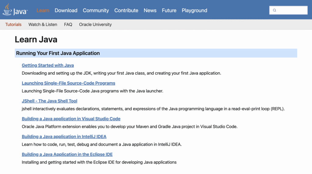 The Oracle's Learn Java homepage