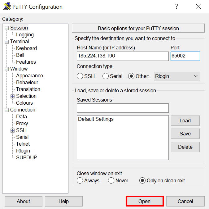 PuTTY Configuration, highlighting the Open button