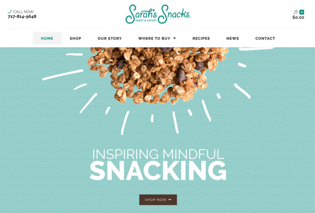 Sarah's Snacks site's front page.