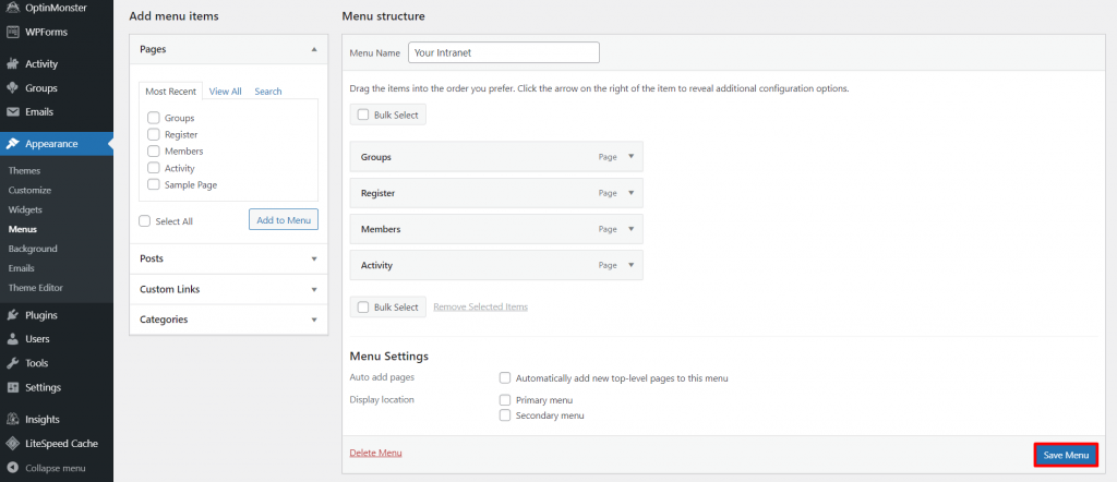 Menu structure, highlighting the Save Menu button