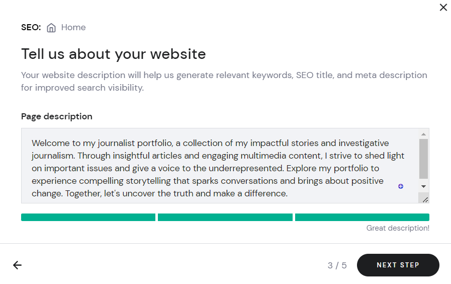 The SEO pop-up window on Hostinger Website Builder showing the page description