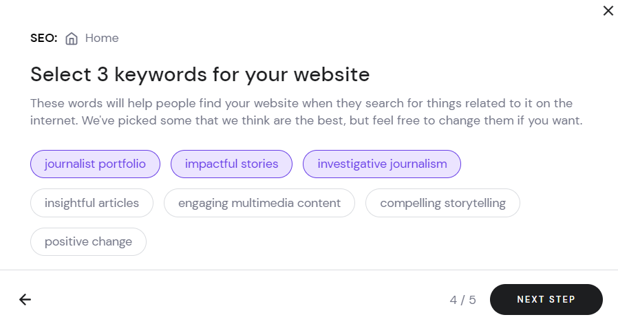 The SEO pop-up window on Hostinger Website Builder showing the three selected keywords