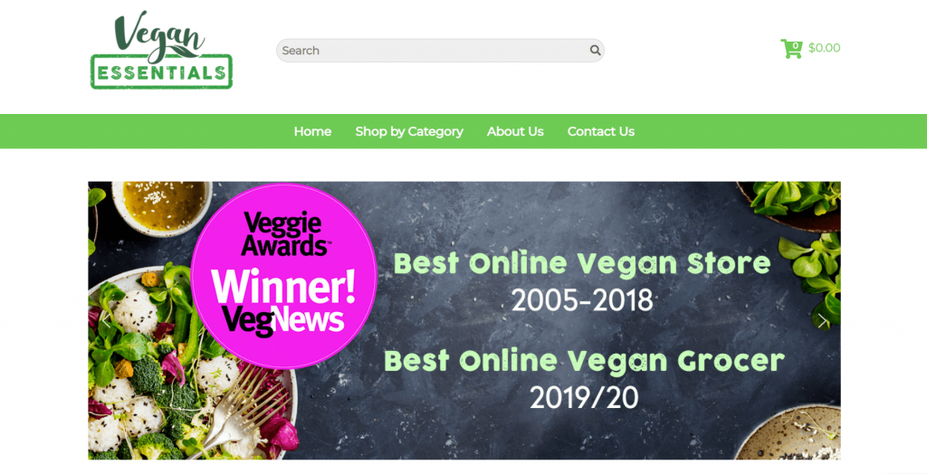 Vegan Essentials site's front page.