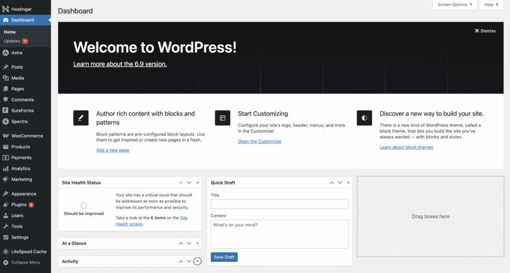 WordPress' admin dashboard interface