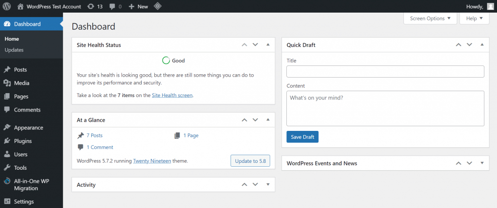 WordPress dashboard
