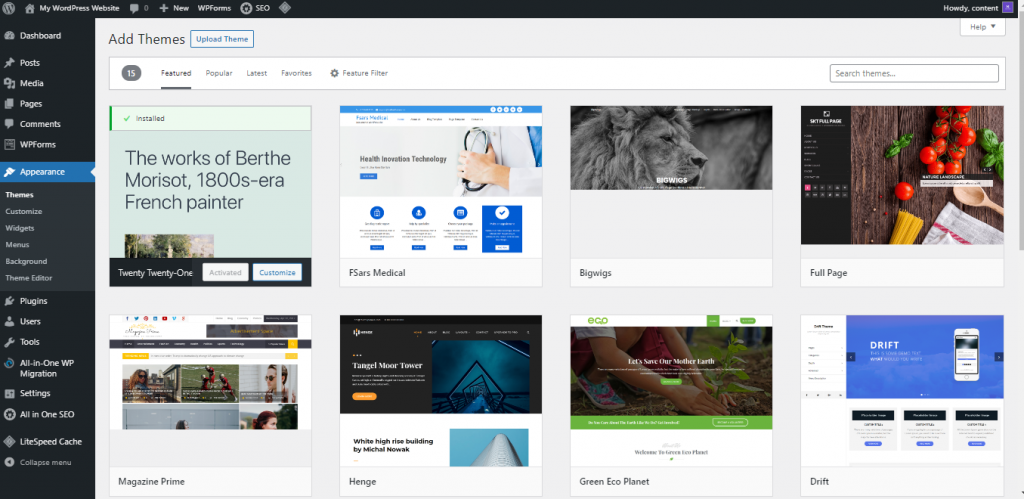 Screenshot from WordPress dashboard showing where to find themes and how do they look like