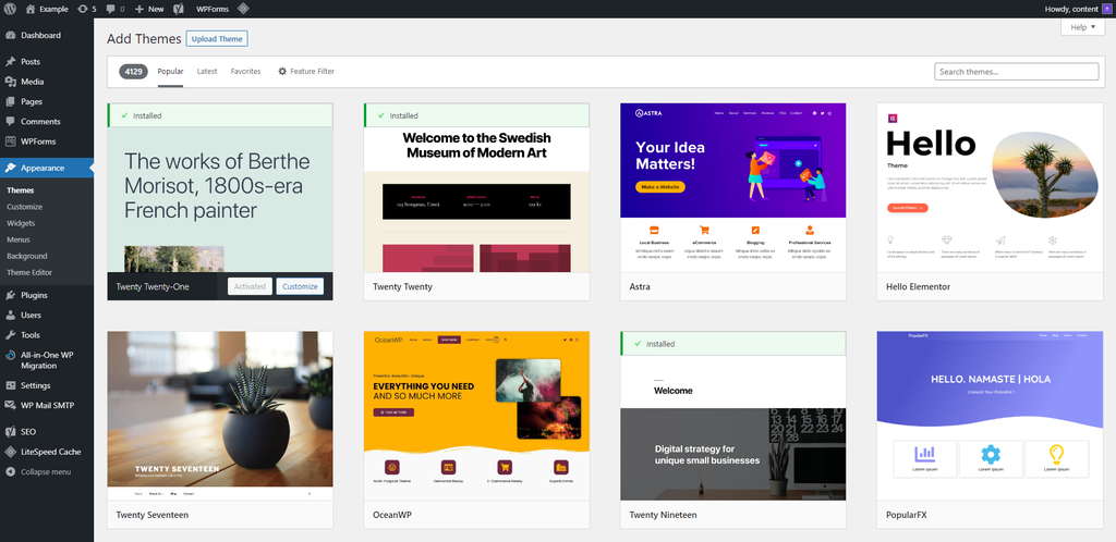 Themes menu in WordPress.