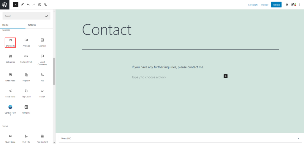 Shortcode block shown on WordPress block editor.