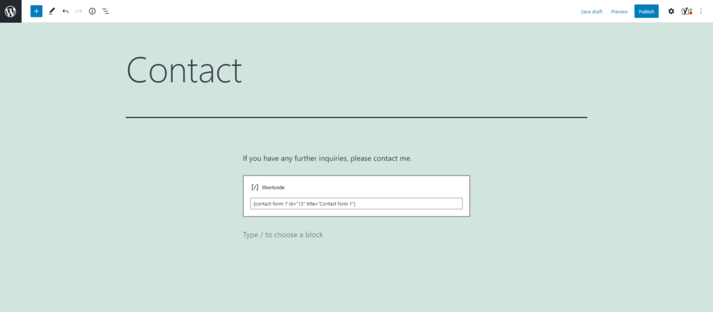 Entering the shortcode of a form on WordPress block editor.