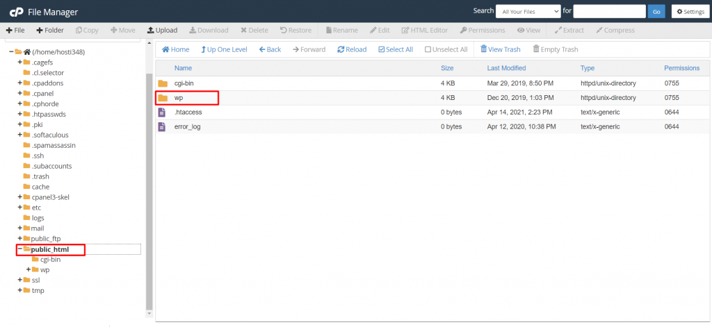 WP folder on cPanel's File Manager.