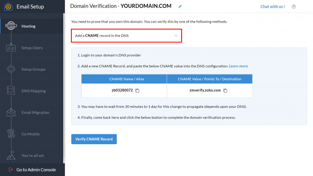Domain verification on Zoho Mail.
