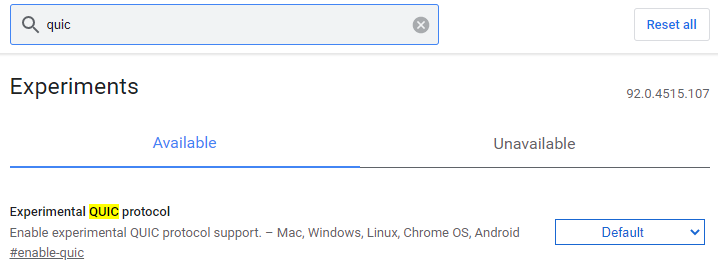 Screenshot from Chrome showing where to find the Experimental QUIC protocol.