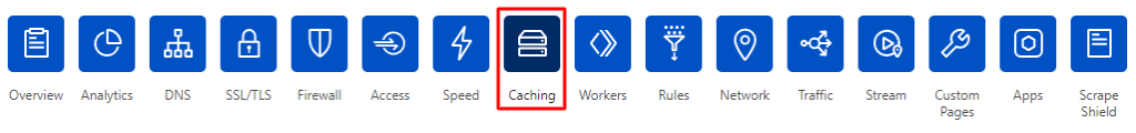 Screenshot from the Cloudflare's dashboard showing where to find Caching,