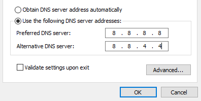 Changing DNS server addresses on Windows.