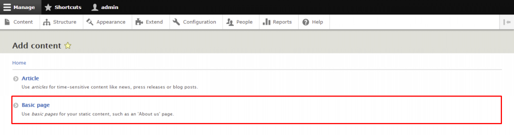 Screenshot from the Drupal dashboard showing where to click to create a basic page