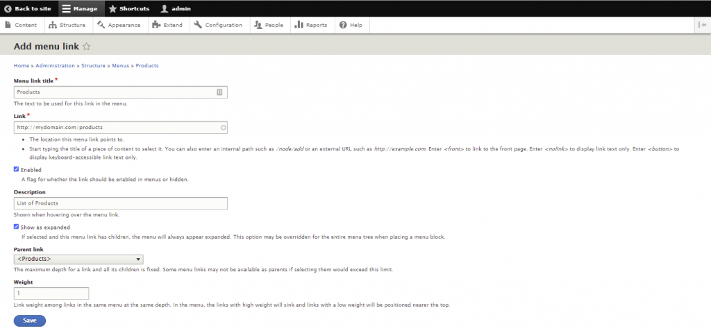 Screenshot from the Drupal dashboard showing how to add menu link
