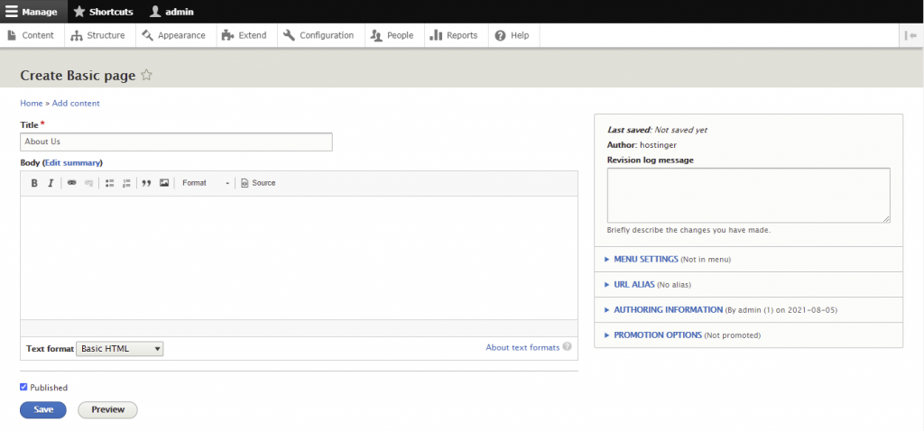 Screenshot from the Drupal dashboard showing where to create the basic page - add title, body, and choose text format