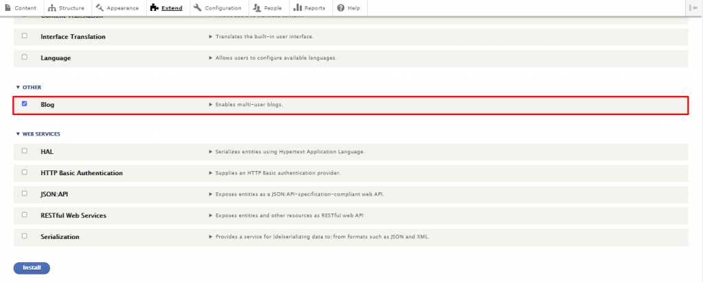 Screenshot showing where to check the box to install the blog module