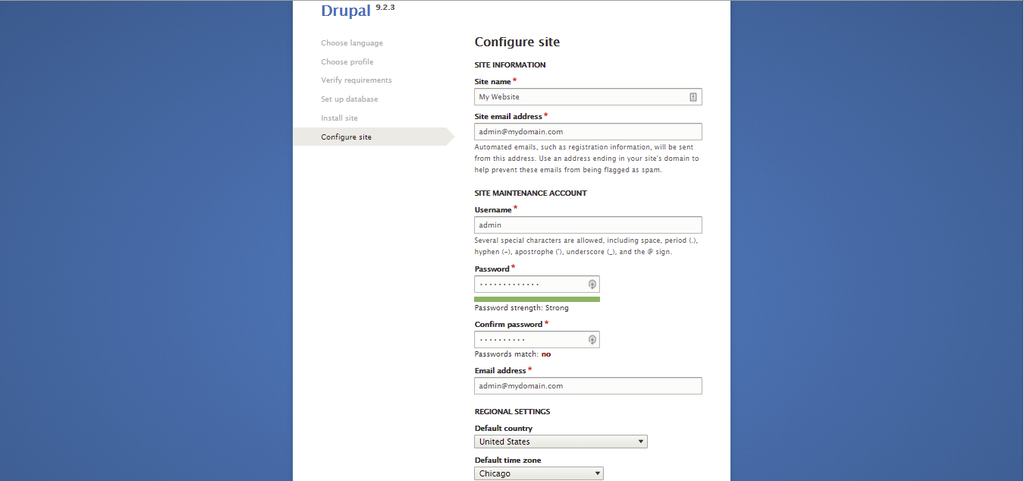 Screenshot from the Drupal installer illustrating how to fill in the configure site section