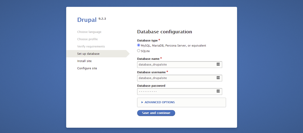 Screenshot from the Drupal installer showing how to enter the database information