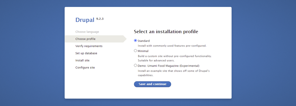 Screenshot from the Drupal installer showing how to select a standard installation profile