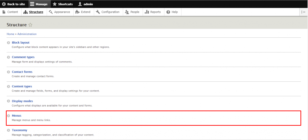 Screenshot from the Drupal dashboard showing where to find Menus