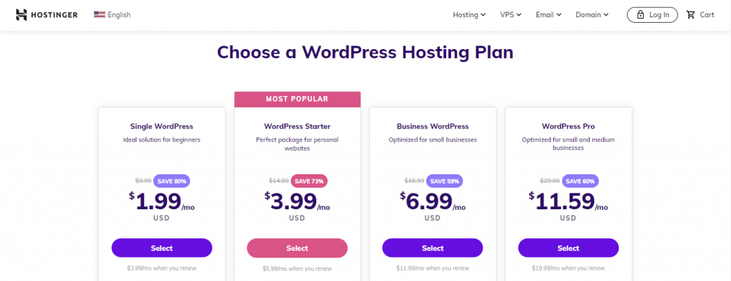 Hostinger WordPress hosting plans