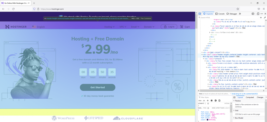 Hovering a web page's element using the Inspect tool on Firefox.