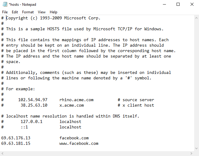 The hosts file on Windows Notepad