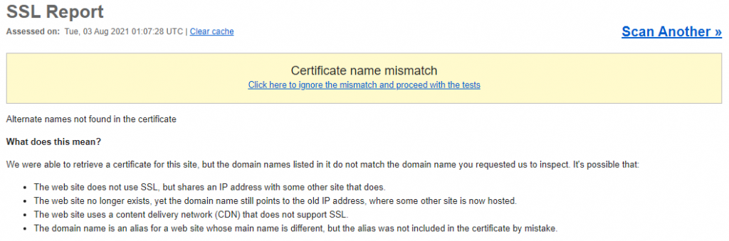 SSL Report informing about the certificate name mismatch.