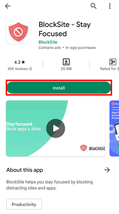The BlockSite download page on Play Store
