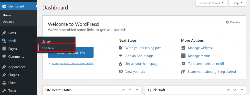 Screenshot from the WordPress dashboard showing where to find Media and click on Add New.