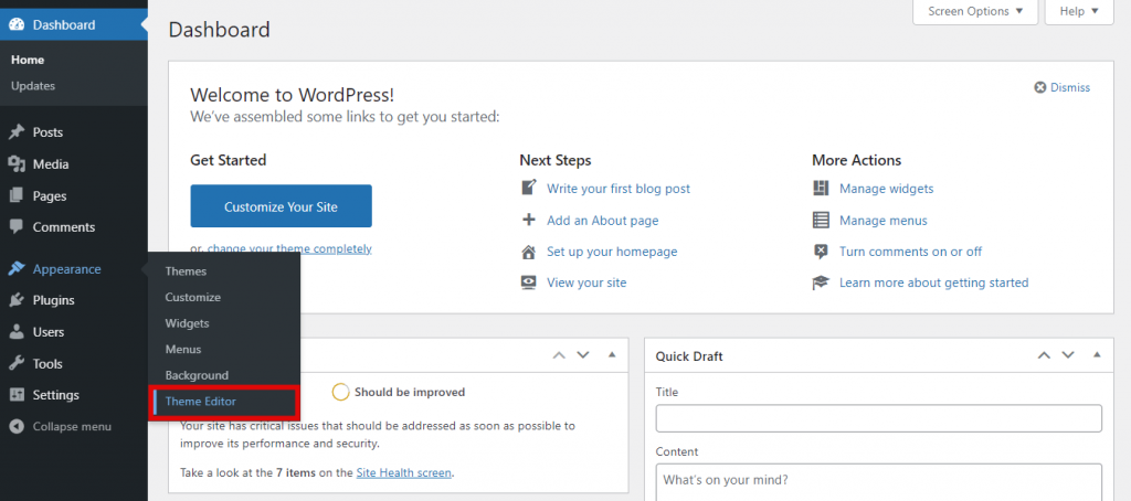 Screenshot from the WordPress dashboard showing where to find the Theme Editor.