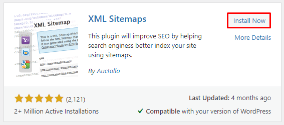 Clicking on the Install Now button to get the XML Sitemaps plugin,