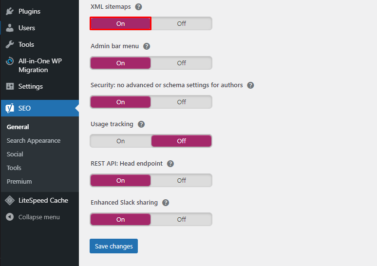 Selecting On below the XML sitemaps and clicking on the save changes button.