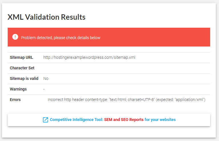 The XML validation results window informing that a problem was detected.